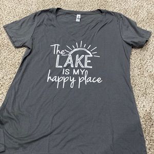 V-neck new tee.  Dark grey.  The lake is my happy place